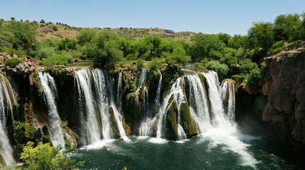 Fototapeta premium National Clear Waterfall Scenery - a majestic and refreshing visual. The national clear waterfall scenery presents a stunning and awe-inspiring natural scene, with the cascading waters creating a beau