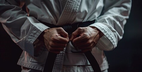 Naklejka premium A panoramic close-up of a caucasian mans hand gripping a Brazilian jiu-jitsu black belt, wrapped around his waist, wearing a white kimono gi, isolated against a dark background, photorealistic detail
