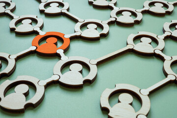 Network of connected figures with one highlighted. Individuality or Leadership potential.
