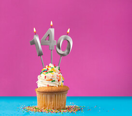 Cupcake with birthday candle number 140 - Anniversary card on blue and violet background