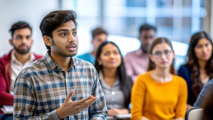 An Indian student confidently leading a discussion in a classroom, with a softly blurred background showcasing classmates engaged in conversation.
