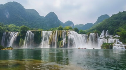 National Clear Waterfall Scenery - a majestic and refreshing visual. The national clear waterfall scenery presents a stunning and awe-inspiring natural scene, with the cascading waters creating a beau