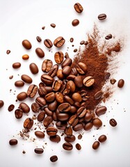 Obraz premium Explosión de granos de café arabica tostatos, Fondo blanco