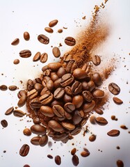 Obraz premium Explosión de granos de café arabica tostatos, Fondo blanco