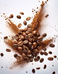 Obraz premium Explosión de granos de café arabica tostatos, Fondo blanco