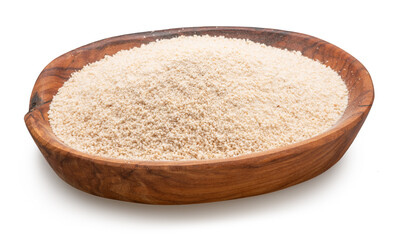 Cassava flour or manioc flour in wooden bowl on white background. File contains clipping path.