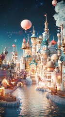 Fototapeta premium A whimsical, fairytale-like city with colorful castles, hot air balloons, and twinkling lights reflecting on a calm river.
