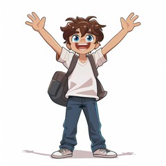 Fototapeta premium A boy cartoon character with brown hair and a jacket stands with a backpack, waving cheerfully. 