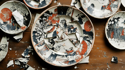木製テーブルに砕けた浮世絵の皿