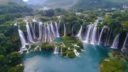 Fototapeta premium National Clear Waterfall Scenery - a majestic and refreshing visual. The national clear waterfall scenery presents a stunning and awe-inspiring natural scene, with the cascading waters creating a beau