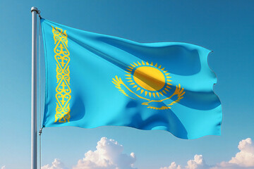Kazakhstan Flag Waving Against Clear Blue Sky