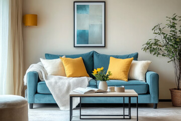 Fototapeta premium Blue sofa with yellow pillows Scandinavian home interior design of modern living room