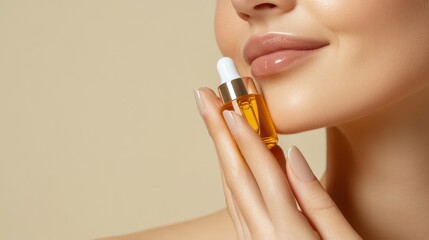Fototapeta premium Woman holding a small bottle of facial serum against her cheek, AI