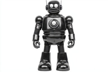 Fototapeta premium Shiny black retro-futuristic robot isolated against a white background, embodying vintage sci-fi and robotic aesthetics. Perfect for themes of technology, nostalgia, and robotics art.
