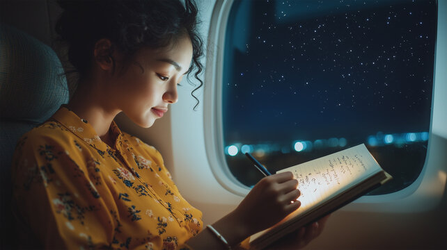 星空の下でメモを取る日本人ビジネスウーマン