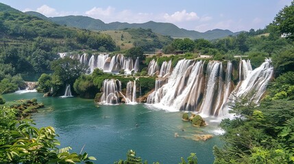 National Clear Waterfall Scenery - a majestic and refreshing visual. The national clear waterfall scenery presents a stunning and awe-inspiring natural scene, with the cascading waters creating a beau