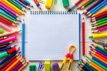 Fototapeta premium Back to School Essentials: Documenting School Supplies on Lined Paper for Creative Organization