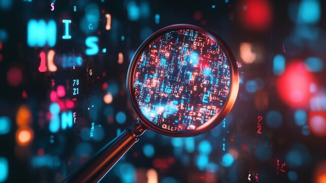 Magnifying glass zooming in on keywords amidst unfamiliar letter-like symbols, highlighting the process of filtering relevant data from chaotic, complex information.