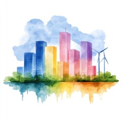Obraz premium Colorful Watercolor Skyline with Urban Life and Sustainability Elements
