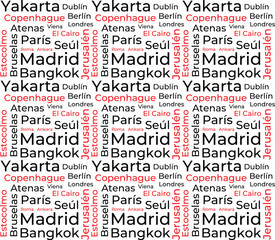 Plantilla de nube de palabras sobre ciudades en español. Fondo vectorial conceptual