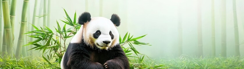 Obraz premium Adorable panda resting among bamboo plants in a serene setting.