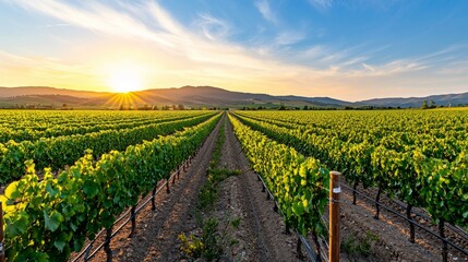 A scenic vineyard at sunset, with rows of lush grapevines stretching towards the horizon under a colorful sky.