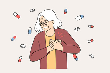 Elderly woman with heart attack in need of medical attention, standing among flying medicines