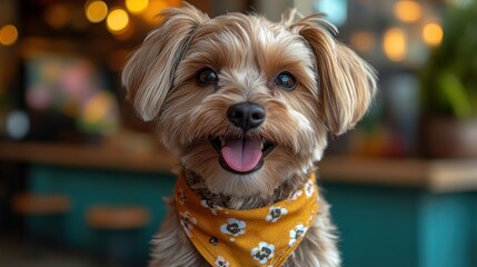 A cheerful dog wearing a yellow bandana, smiling happily.