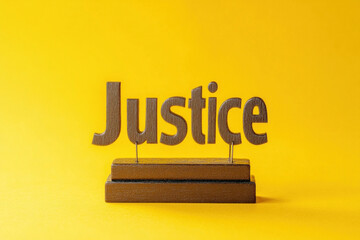 Wooden sign stating "justice" against bright yellow backdrop, simple yet powerful message conveyed.