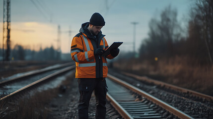 Railway worker using a tablet near train tracks during sunset.