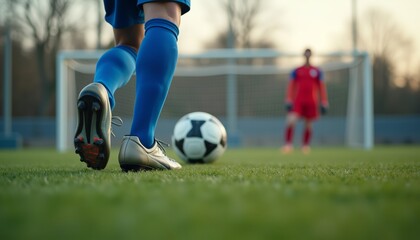 Obraz premium Soccer, player and ball on field for match or competition, athlete in uniform with focus on goal and teamwork in action. Green grass, sports footwear and summer day for outdoor fitness or training