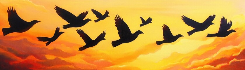 Fototapeta premium Silhouette of flying birds against a vibrant sunset background.