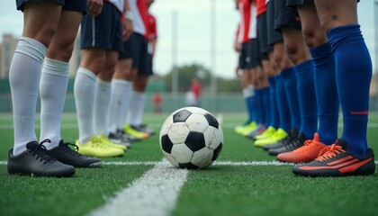 Fototapeta premium Soccer teams facing off on field with ball at center, players in uniforms ready for match start, teamwork and competition under sunny sky. Grass, footwear and energy for sports, fitness or recreation