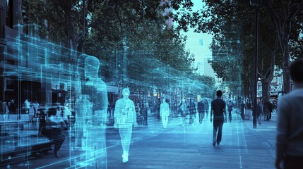 Obraz premium Futuristic street scene with digital figures