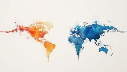 Fototapeta premium Global Connectivity: Watercolor Map Outlines with Colorful Splashes on White Background