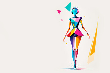 Fototapeta premium Elegant robot girl in bright geometric outfit in motion. Watercolor painting. Minimalism. AI generative.