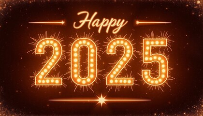 "Happy 2025" text illuminated with lights and fireworks on dark background