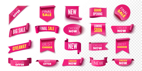 Best choice, order now, special offer sale banners. Pink ribbons, tags and stickers. Vector illustration.