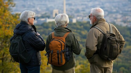Fototapeta premium Three senior friends with backpacks enjoying scenic city view from hilltop, capturing adventure, companionship, and active lifestyle. Outdoors, exploration, and friendship for travel