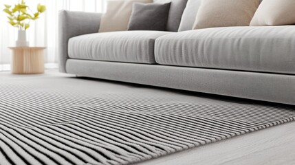 Obraz premium Modern living room with a cozy gray sofa and striped rug, AI