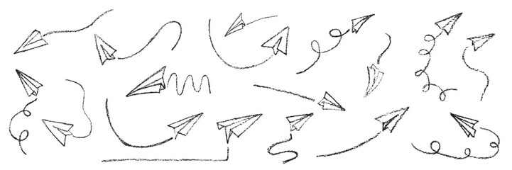 Hand drawing crayon paper airplanes set. Vector stock illustration isolated on white background for design template business or education presentation, information banner, advertising sign.