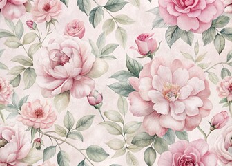 Seamless floral pattern featuring pink roses and leaves, perfect for vintage wallpaper or romantic decor