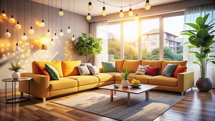 Fototapeta premium Bright Living Room Mockup with Large Corner Sofa and Bokeh Effect for Stylish Interior Design Inspiration