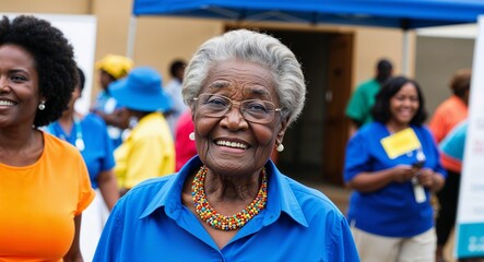 African elderly old woman participating in a community health fair cheerful demeanor bright blouse solid blue background overweight