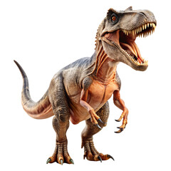 Fototapeta premium A brown, muscular Tyrannosaurus Rex, roaring with a wide-open mouth, revealing sharp teeth and a powerful body structure, standing ready to attack, set against a transparent background