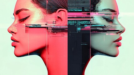 Design a digital collage in a surrealistic and vaporwave style, featuring a human face fragmented into four distinct parts. The color palette incorporate vibrant shades, focusing on red and black tone