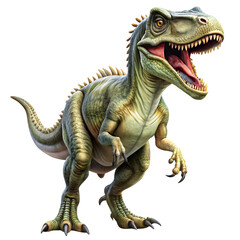 Fototapeta premium A green dinosaur with spiky ridges down its back, claws extended, and mouth open wide in a roar, showing its predatory nature in a dynamic stance, set against a transparent background