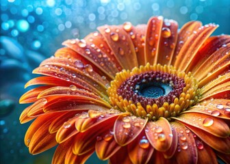 Aerial Closeup of Vibrant Orange Gerbera Daisy Blossom with Rain Droplets - Nature Photography, Floral Beauty, Colorful Petals, Isolated, Macro Shot, Freshness, Spring, Garden