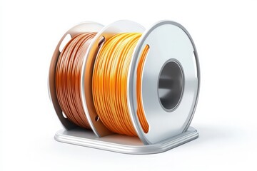 3d printing filament spool or coil on holder on white background. Colored plastic material for 3d printer. Silver and gold or orange color. Additive technology vector illustration
