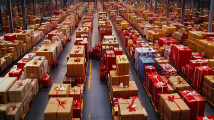 Warehouse filled with holiday packages, representing the peak season in logistics and distribution